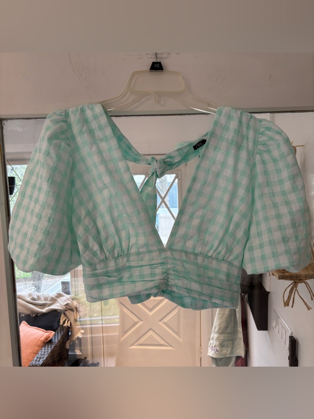 Zara Mint Gingham‎ Tie-Back Puff-Sleeve Crop Top